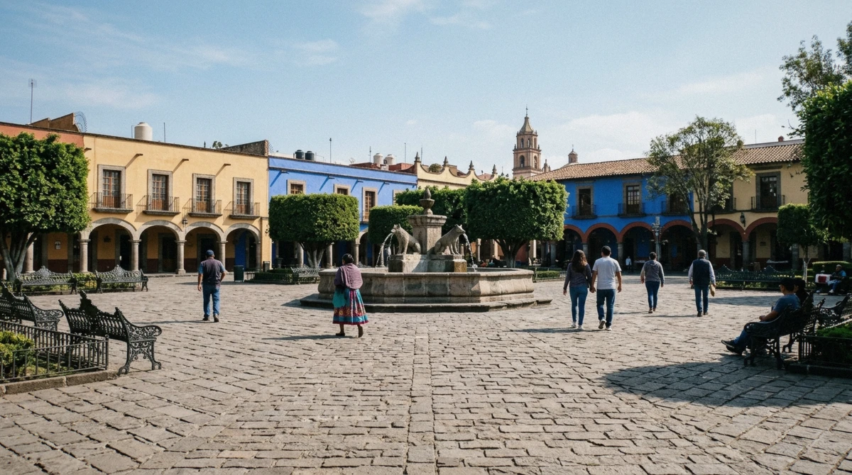 A visitor walking alone past the cobalt-blue walls of Casa Azul, exploring Coyoacan without a tour on a self-guided day in Mexico City