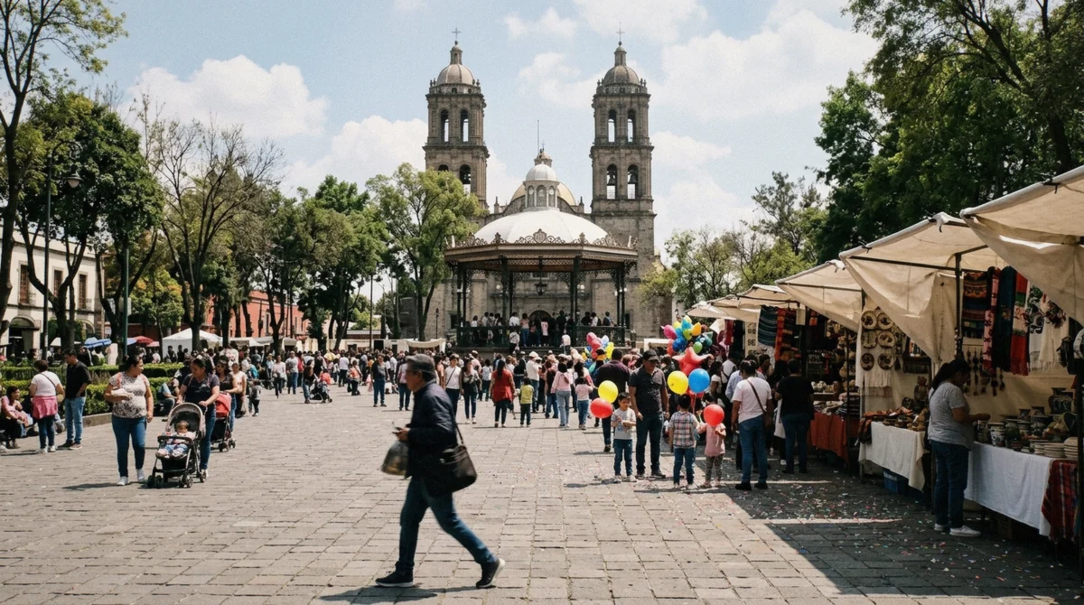 Artisan market stalls filling Jardín Hidalgo on a Saturday, the busiest and best time to visit Coyoacan for market energy