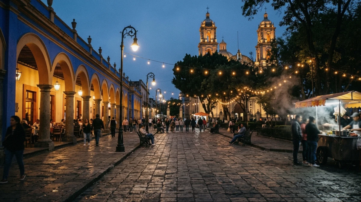 Families and vendors filling Jardin Hidalgo at dusk, showing how safe Coyoacan feels at night in Mexico City